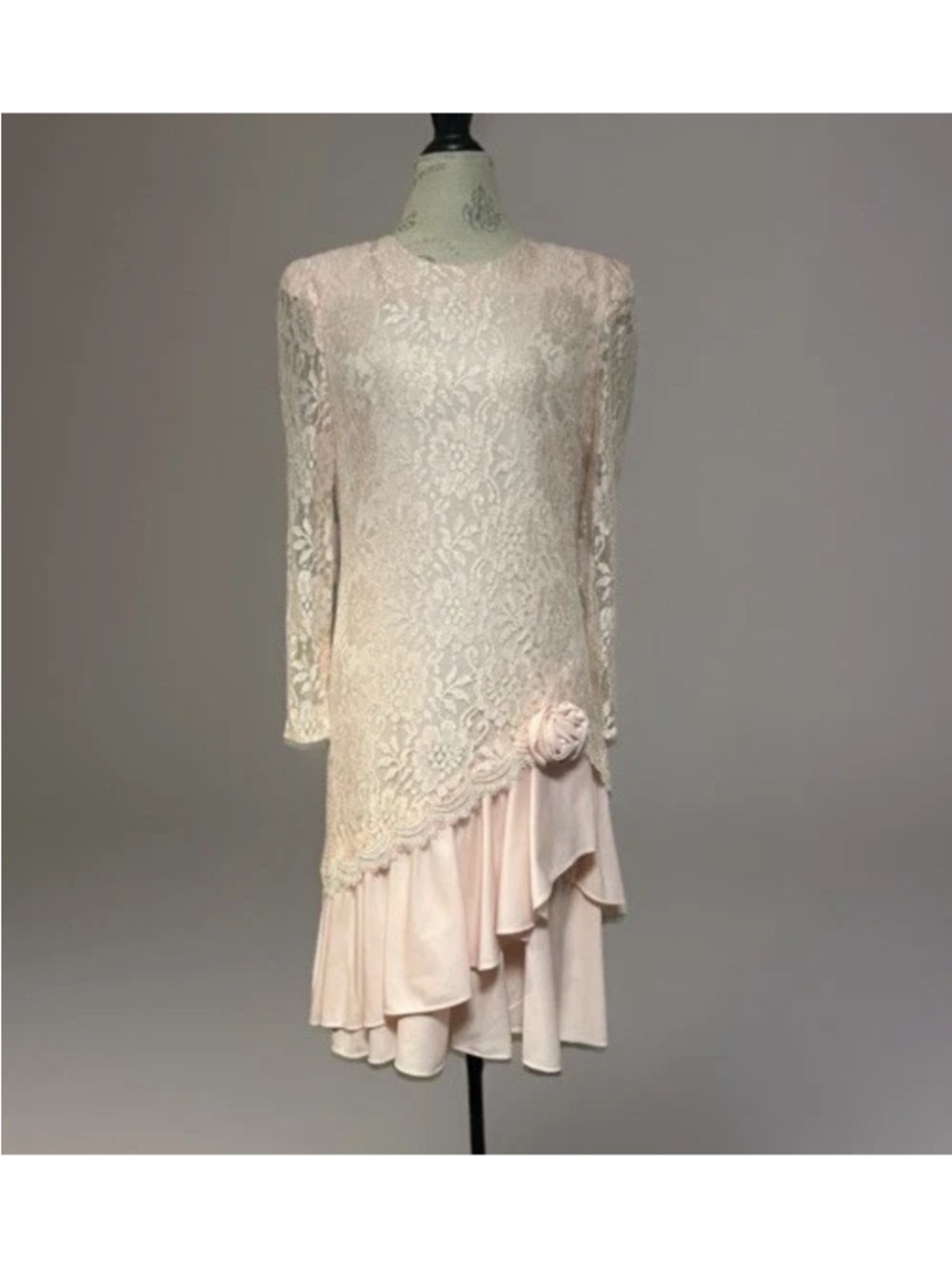 Vintage 80s 90s David Rose Pale Pink Dress Long Sleeve Lace Size 10 Medium M